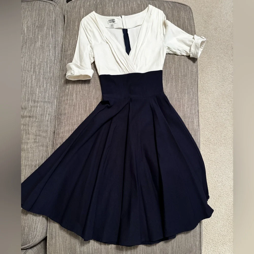 Navy and White Retro 50s Sailor Swing Dress - Picture 1 of 5